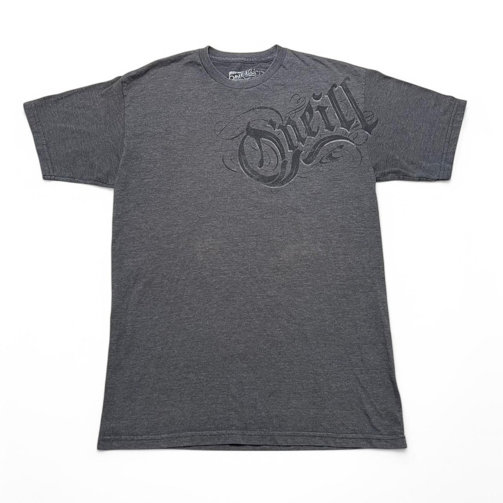 O'Neill T-Shirt Mens Medium Gray Y2K Graphic Script Logo Short Sleeve Crew Neck